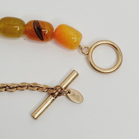 Zara 21" Toggle Orange Glass Bead Necklace Goldtone Leaf Chain Marked/Signed - Picture 6 of 10